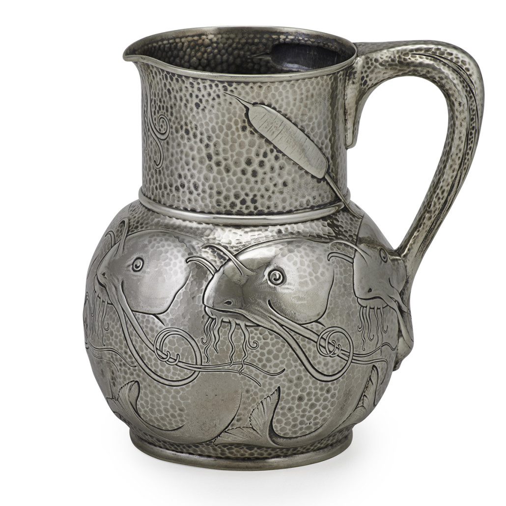 Images of catfish adorn this silver water pitcher made by Tiffany & Co. It sold for $18,750 last year at Rago Arts auction in Lambertville, N.J.